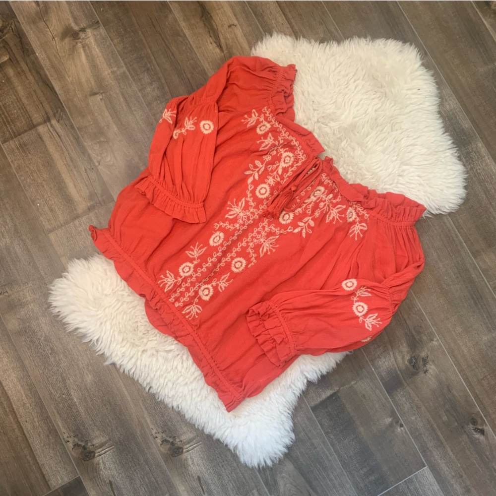 Boho Off-the-shoulder grapefruit-orange coloured blouse - long sleeve